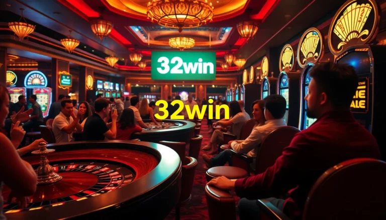 Exciting 32win casino scene with players at roulette and poker tables, showcasing vibrant colors and dynamic atmosphere.