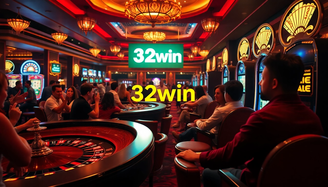 Exciting 32win casino scene with players at roulette and poker tables, showcasing vibrant colors and dynamic atmosphere.