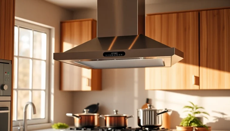 Modern cooker hood above a stovetop in a bright kitchen, showcasing sleek design and functionality.