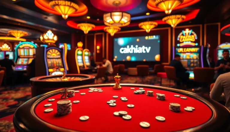 Cakhiatv shows an intense poker game in a luxurious casino setting, with players, chips, and a vibrant roulette wheel.