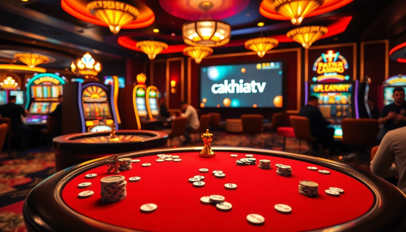 Cakhiatv shows an intense poker game in a luxurious casino setting, with players, chips, and a vibrant roulette wheel.