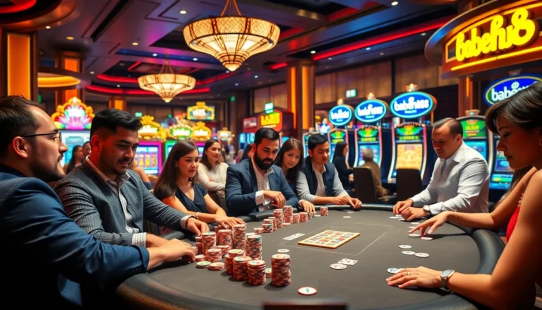 Experience the excitement of babeh188 at an upscale casino, with players engaging at a poker table surrounded by vibrant slot machines.
