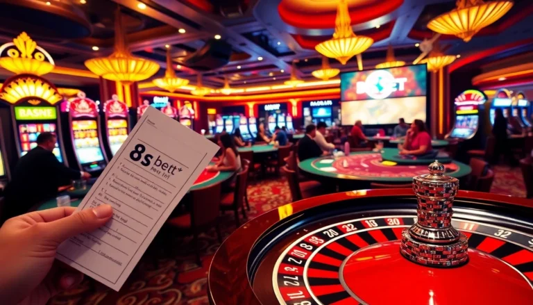 A lively casino scene showcasing players enjoying games like blackjack and poker while highlighting the excitement of 8s bet in action.