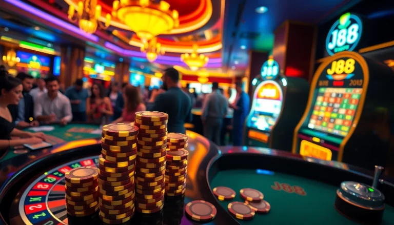 Engaging roulette table at a casino featuring J88 poker chips, creating excitement and anticipation in the gaming atmosphere.