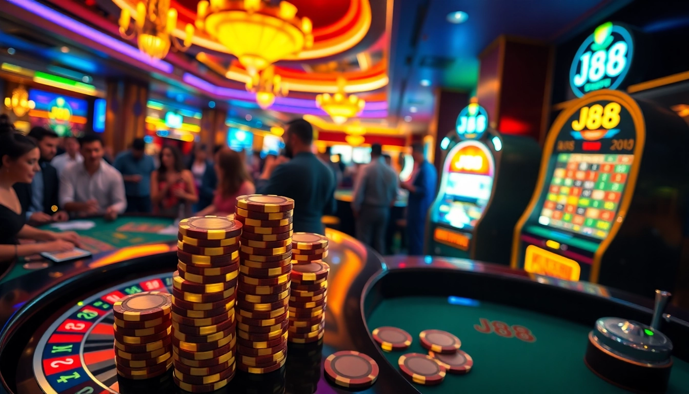 Engaging roulette table at a casino featuring J88 poker chips, creating excitement and anticipation in the gaming atmosphere.