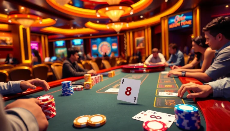Players passionately betting at a poker table in a vibrant casino with the theme "go8".