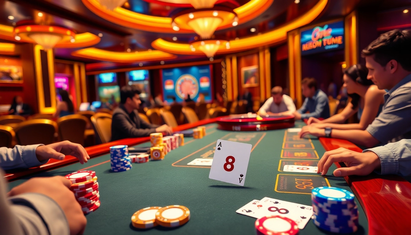 Players passionately betting at a poker table in a vibrant casino with the theme "go8".