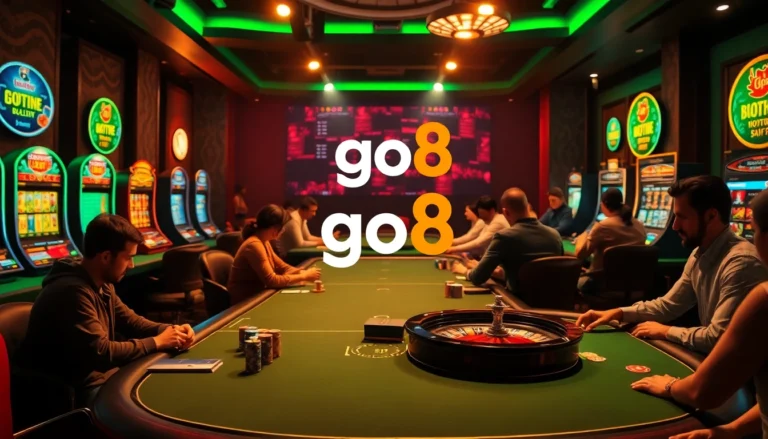 Go8 gamblers strategizing at poker tables in a vibrant casino atmosphere with spinning roulette wheels.