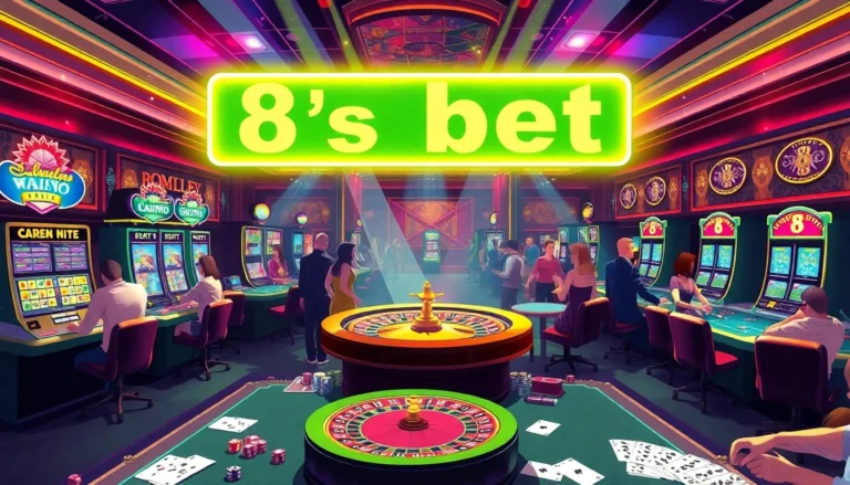 Experience the thrill of 8s bet at a lively casino with poker tables, roulette wheels, and eager players.