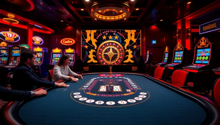 Engage with the thrilling atmosphere of 32win's sophisticated casino featuring poker tables, vibrant slot machines, and roulette wheels.
