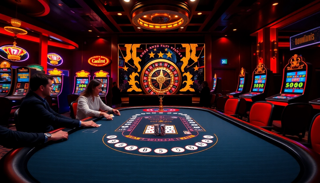 Engage with the thrilling atmosphere of 32win's sophisticated casino featuring poker tables, vibrant slot machines, and roulette wheels.