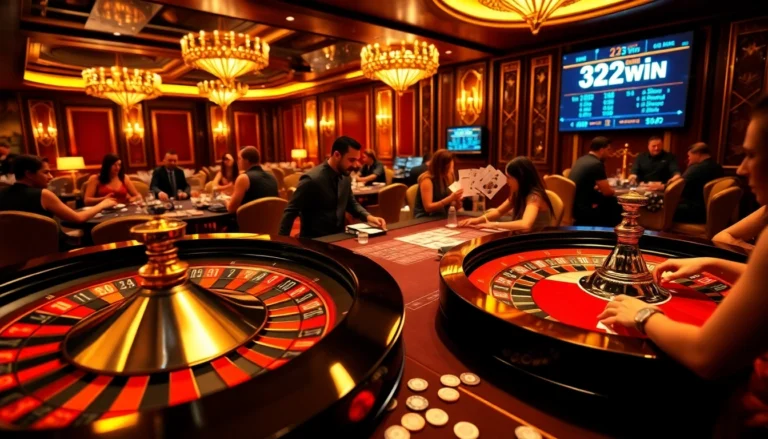 Experience the thrill of 32win at an elegant casino with poker games, chips, and a roulette wheel.